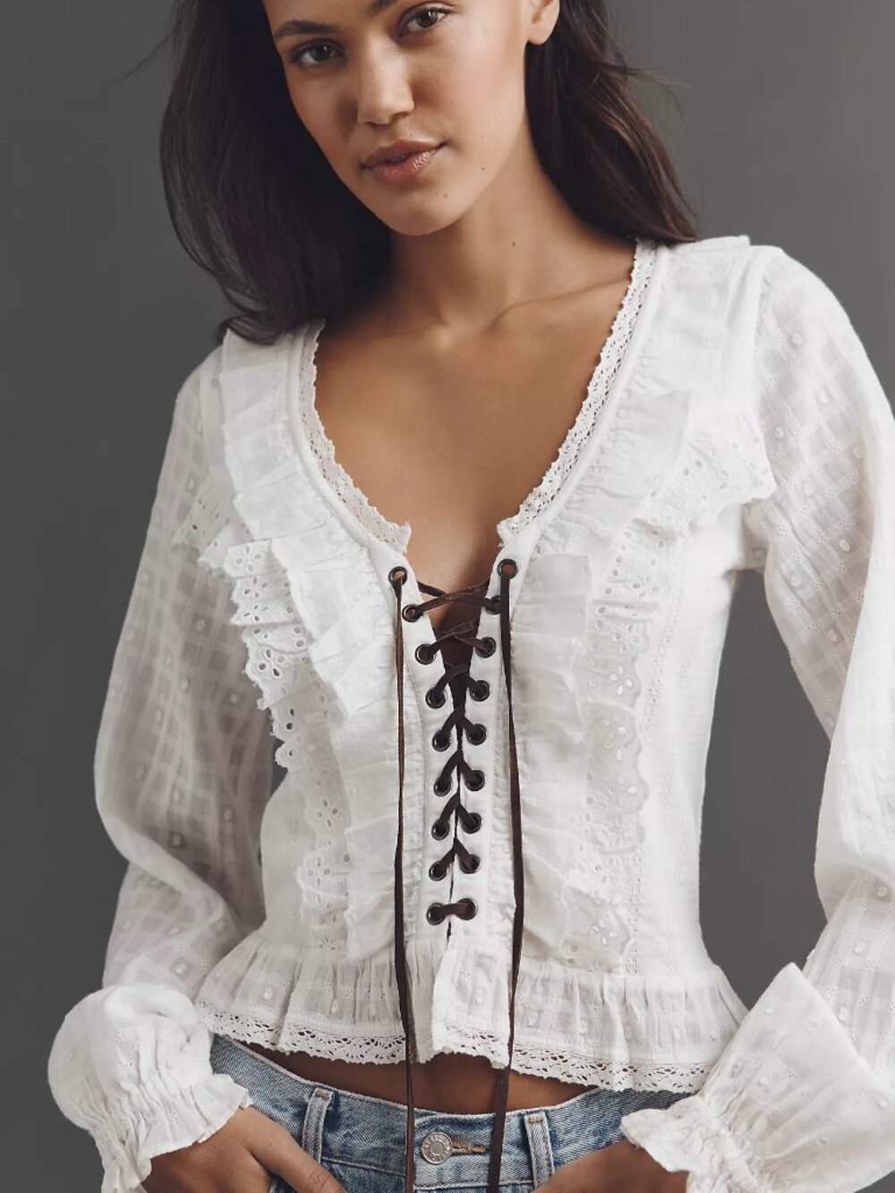 Pilcro Eyelet Ruffle Long-Sleeve Blouse